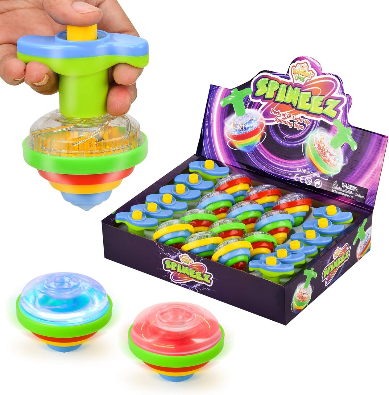 Light Up Spinning Tops – LED Spinner Toys for Kids, Party Favors, Christmas Stocking Stuffers, Classroom Prizes, Fun Gifts for Boys and Girls – Blue, Pack of 12